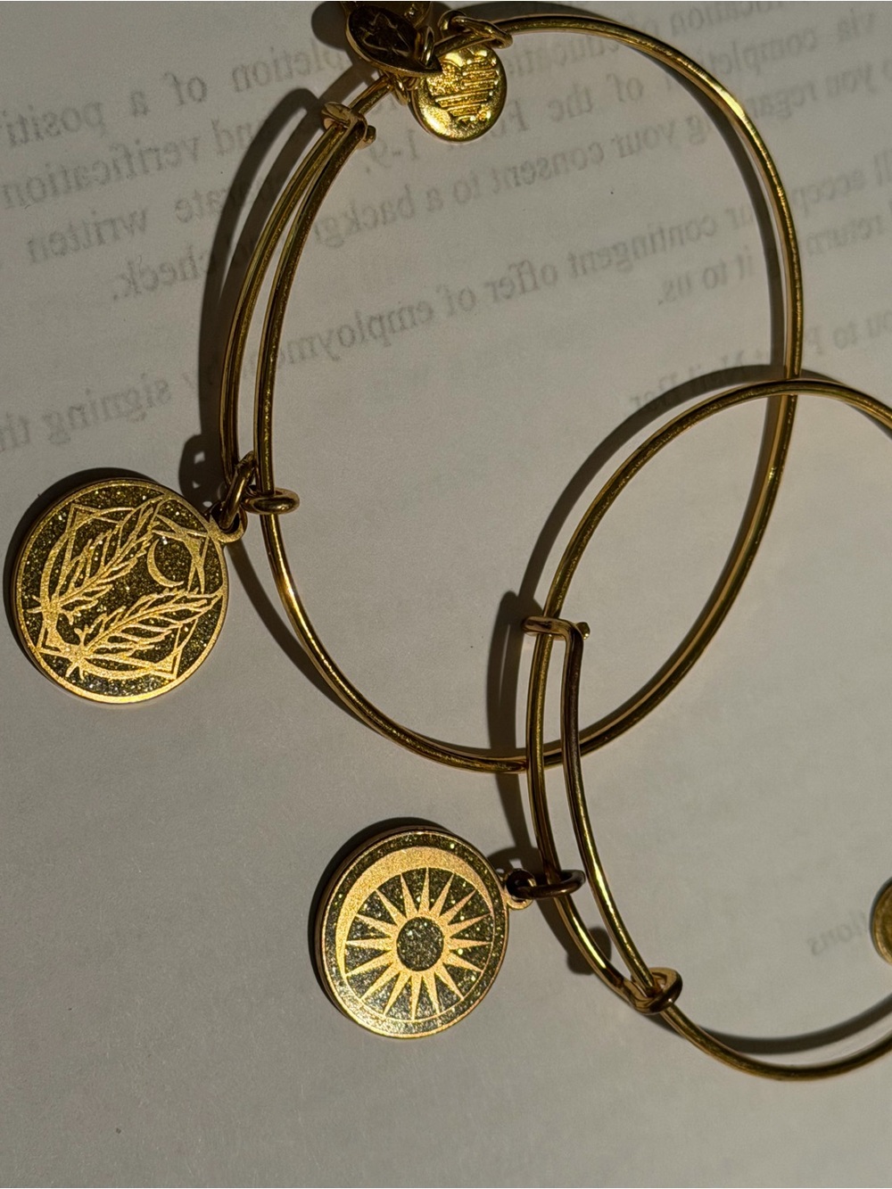 Alex & Ani two Gold Charm Bangle Bracelet Set - Sun & Leaf Design